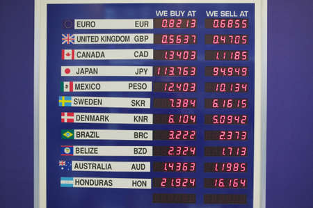 Foreign exchange board at an international airport, United Statesのeditorial素材