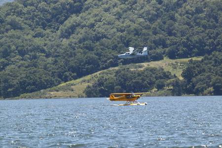 Two Amphibious seaplanes landing on Lake Casitas, Ojai, Californiaのeditorial素材