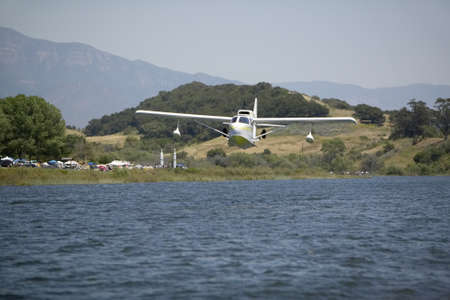 CB Amphibious seaplane taking off from Lake Casitas, Ojai, Californiaのeditorial素材