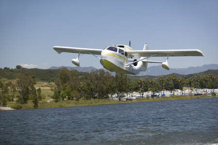CB Amphibious seaplane taking off from Lake Casitas, Ojai, Californiaのeditorial素材