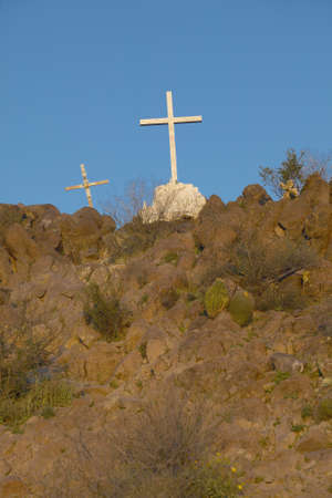 Cross over historic white Mission of San Xavier del Bac, south of Tucson Arizona, part of the Spanish missions in the southwest USAのeditorial素材