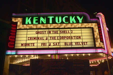 Lexington Kentucky neon marquee sign for movie theater saying Kentuckyのeditorial素材