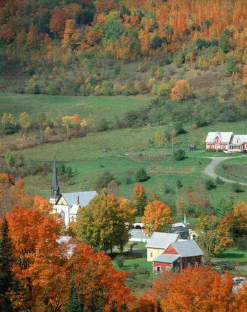 Aerial view of a town with church steeple in autumn, Vermont のeditorial素材