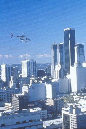 Photo impression of helicopter flying over downtown Los Angeles, Californiaのeditorial素材