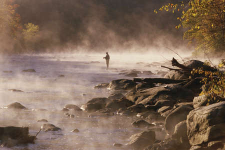Solitary fly fisherman in morning mist, Housatonic River, Connecticutのeditorial素材