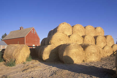 Red barn and haystacks in ID Fallsのeditorial素材