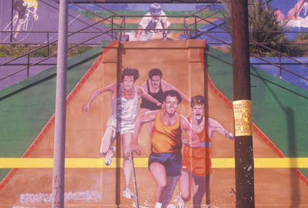 Street art depicting joggers in the Los Angeles Marathonのeditorial素材