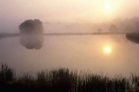 Pond at Sunrise with Morning Mistのeditorial素材
