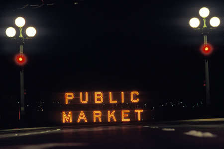 A neon sign that reads "Public Market"のeditorial素材