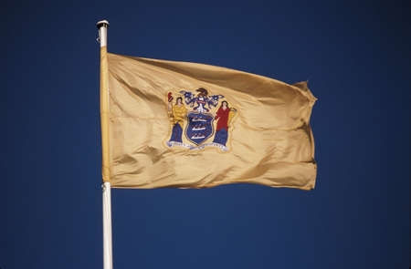 This is the New Jersey State Flag situated on a flagpole, waving in the wind. It's symbol is set against a yellow-gold background.のeditorial素材
