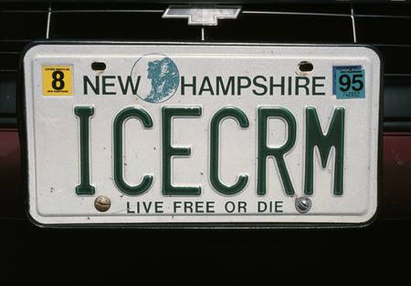 This is a vanity license plate from New Hampshire that says Ice Cream.