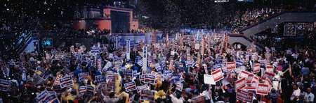 This is the 1992 Democratic National Convention at Madison Square Garden. Bill Clinton and Al Gore received the Presidential and Vice Presidential Nominations. There is festive mylar falling from the ceiling in celebration in front of the delegates from aのeditorial素材