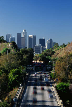 This is morning rush hour traffic on the Pasadena Freeway. It is near Dodger Stadium with the...