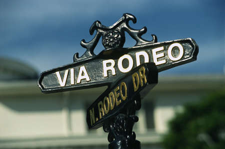 This is the shopping district on Rodeo Drive and Via Rodeo Drive in Beverly Hills, showing a street sign that says Via Rodeoのeditorial素材