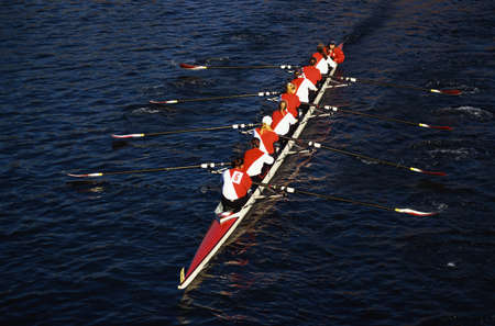 This is the Head of the Charles Regatta. It is the famous autumn rowing event. It shows the teamwork exhibited by the rowers. のeditorial素材
