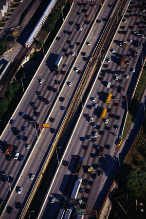 This is an aerial view of the Interstate Highway 90/94 during rush hour traffic. It is the morning rush hour during summer.の写真素材