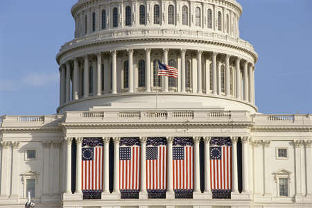 Capital Building draped with US flags, Washington, DCの写真素材