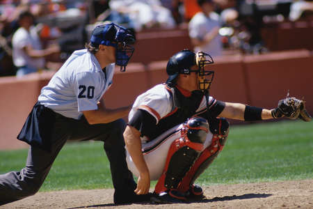Baseball catcher and umpire at game