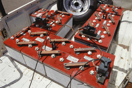 Batteries in bed of electric powered truckの写真素材