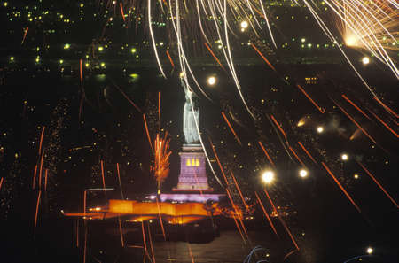 Statue of Liberty with Fireworks at Night, New York City, New Yorkのeditorial素材