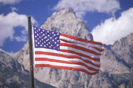 American Flag with Mountains, Grand Teton National Park, Wyoming