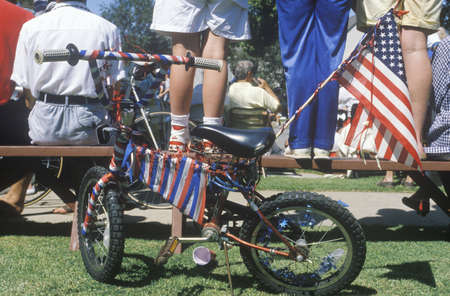 Child's Bike with Patriotic Bunting, Pacific Palisades, Californiaのeditorial素材