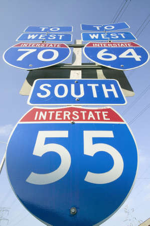 Interstate highway signs show the intersection of Interstate 70, 64 and 55 in East St. Louis near St. Louis, Missouriのeditorial素材