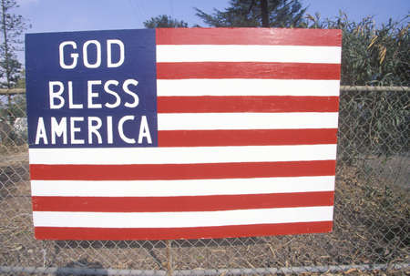 Wooden American Flag on Chain Link Fence, Santa Paula, Californiaのeditorial素材