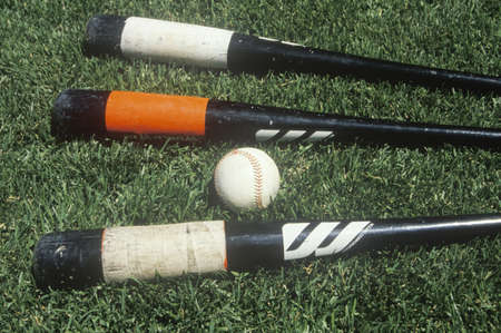 Baseball bats and ball on field, Candlestick Park, San Francisco, CA