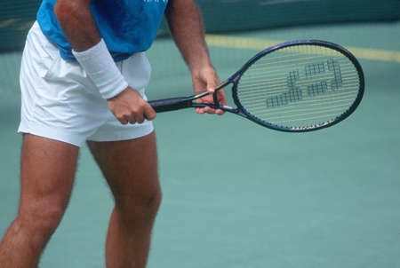 Detail of Tennis Player preparing to serve, Annual Ojai Amateur Tennis Tournament, Ojai, CAのeditorial素材