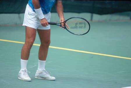 Detail of Tennis Player preparing to serve, Annual Ojai Amateur Tennis Tournament, Ojai, CAのeditorial素材