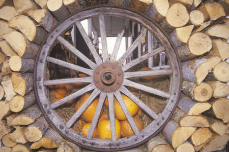 Old Wagon Wheel, Firewood and Pumpkins, Vermontのeditorial素材