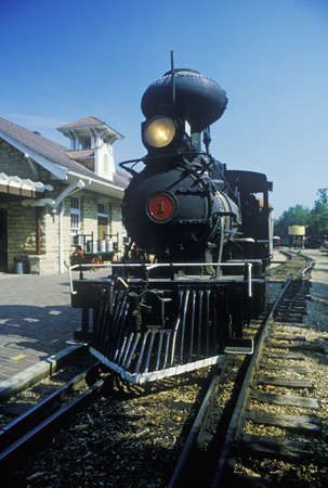 A steam engine at a train station in Eureka Springs, Arkansas