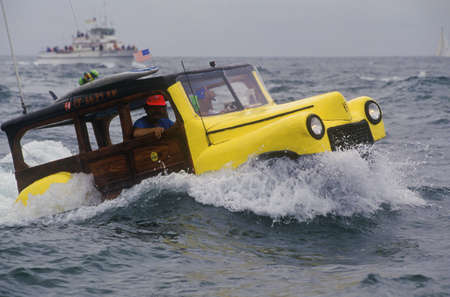 It's a car, or perhaps it's a boat, cruises through the Pacific Ocean during the America Cup Finals near San Diego, Californiaのeditorial素材