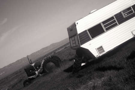 A trailer and tractor in the California desertのeditorial素材