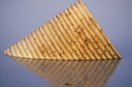 An old metal canister floats in a lake in Death Valley National Monument, California