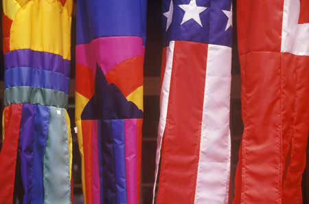 Closeup of colorful kites; one is the American flag in Kauai, Hawaiiのeditorial素材