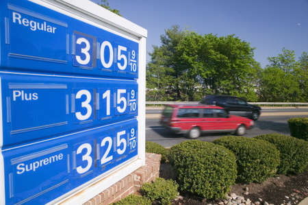Gas prices over $3.00 per gallon at gas station depict energy crises in nation's capital, Washington D.C.のeditorial素材