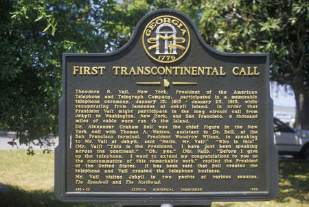 Sign commemorating the first transcontinental phone call in Jekyll Island, GA