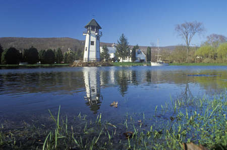 Lighthouse and harbor, New England regionのeditorial素材