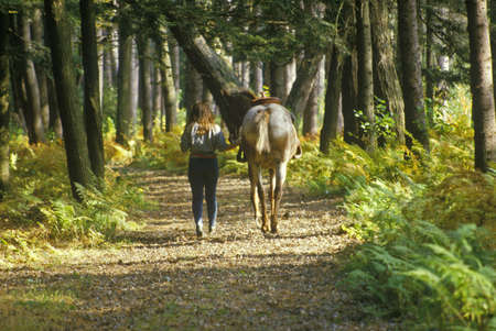 Woman with horse by the reins on trail in Autumnのeditorial素材