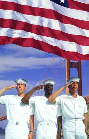 Digital composite: Ethnically diverse American sailors, American flag, Golden Gate Bridgeのeditorial素材