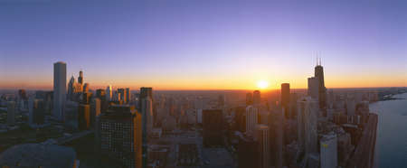 Chicago Sunset, Aerial View, Illinoisのeditorial素材