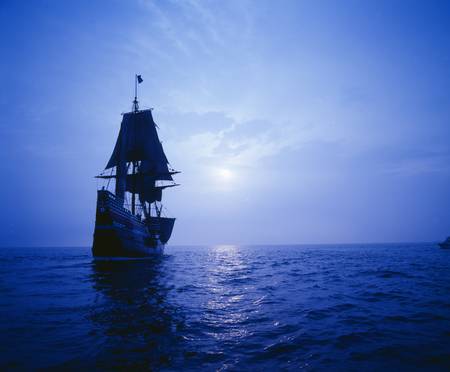 Mayflower II replica in moonlight, Massachusettsのeditorial素材
