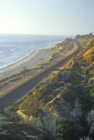 Train route along the San Diego coast at sunset, San Diego, Californiaのeditorial素材