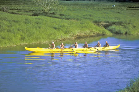 Six Men Rowing a Kayak, Kauai, Hawaiiのeditorial素材