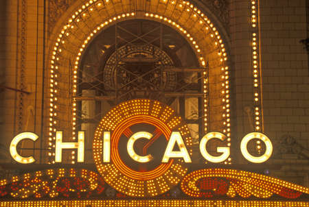 Detail of Neon Sign on Chicago Theater, Chicago, Illinoisのeditorial素材