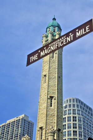 The Magnificent Mile Sign with the Water Tower, Chicago, Illinoisのeditorial素材