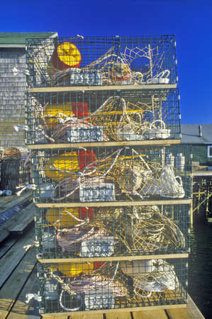 Stacks of lobster traps, Muscongus Bay in New Harbor, MEのeditorial素材