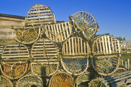 Stacks of lobster traps, Muscongus Bay in New Harbor, MEのeditorial素材